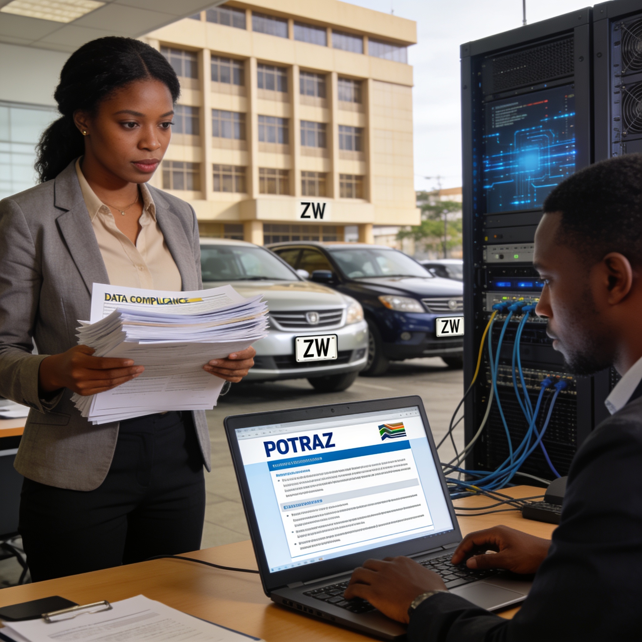 Create an editorial news illustration for an article about 'Data Protection Compliance Deadline: Zimbabwe Firms Face POTRAZ Inspections from September 1'. The specific country is Zimbabwe (ZW); make visual cues accurate to this exact country and avoi