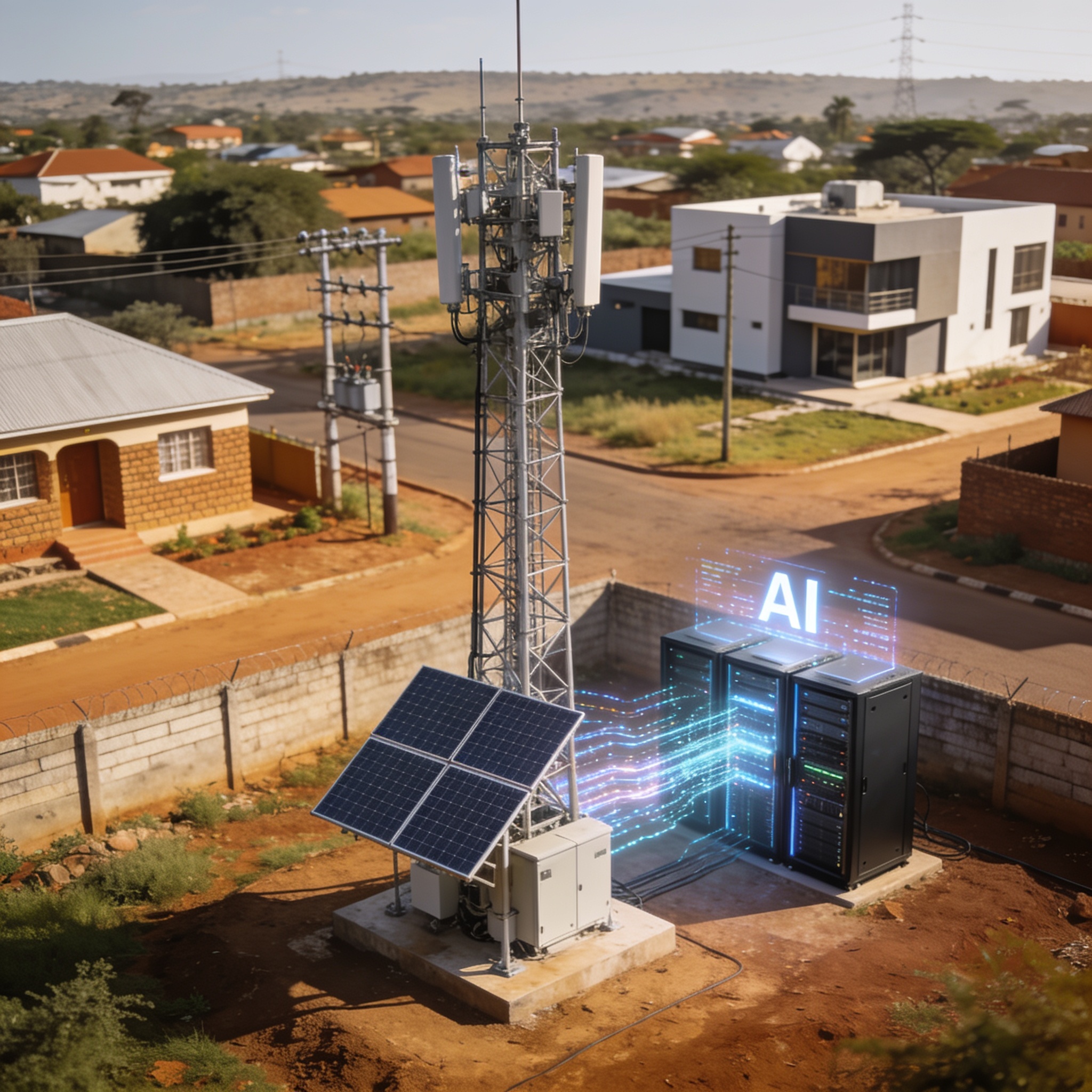 Create an editorial news illustration for an article about 'Econet Turns to AI and Solar Power to Slash Network Faults'. The specific country is Zimbabwe (ZW); make visual cues accurate to this exact country and avoid flags or symbols of similar coun